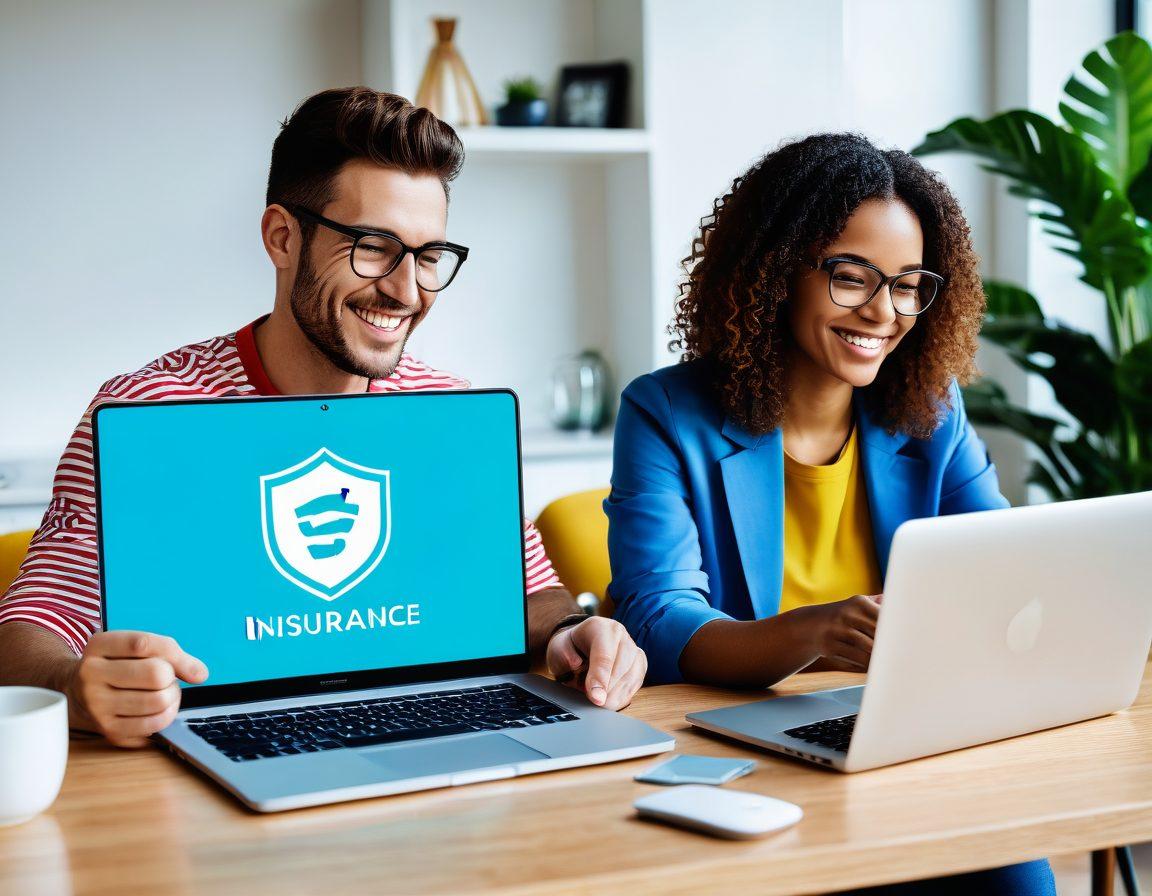 An open laptop displaying a user-friendly insurance comparison website, surrounded by symbols of affordable policies like dollar signs and shields. In the background, a young couple discussing options, looking relieved and optimistic. The scene should evoke a sense of security and confidence in making smart financial choices. vibrant colors. modern digital style.
