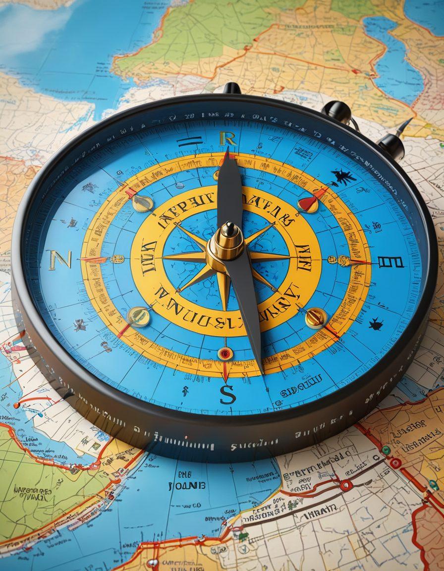A modern Navigational Compass overlaying a digital map filled with insurance symbols like shields, umbrellas, and dollar signs, representing a journey through the digital insurance landscape. Add a blend of technology elements like circuit patterns and data flows, with a bright sky in the background symbolizing hope and solutions. super-realistic. vibrant colors. 3D.
