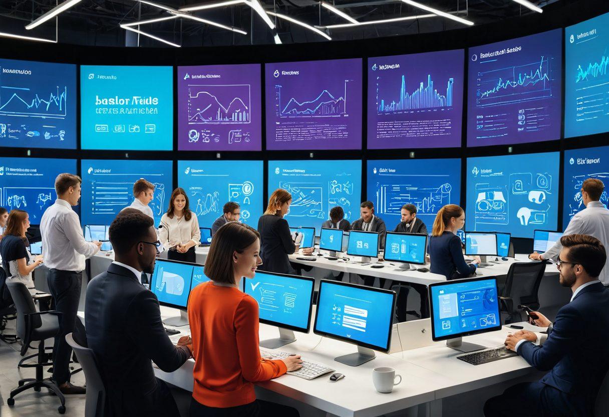 A visually engaging digital marketplace with a dynamic interface showcasing trending insurance quotes and claims. Illustrate a diverse group of people interacting with their devices, surrounded by digital screens filled with graphs and savings tips. Include elements of smart technology, such as AI chatbots and virtual assistants in the background. The overall tone should be professional yet inviting, conveying a sense of trust and smart financial decision-making. vibrant colors. modern flat design.